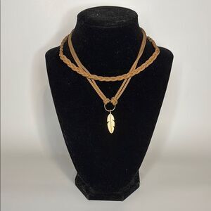 Braided Tan Choker Necklace with Gold Tone Feather Pendant- Two Necklaces 11-15